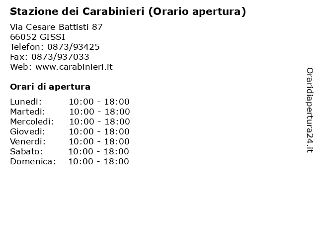 Stazione dei Carabinieri (Orario apertura) a GISSI: indirizzo e orari di apertura