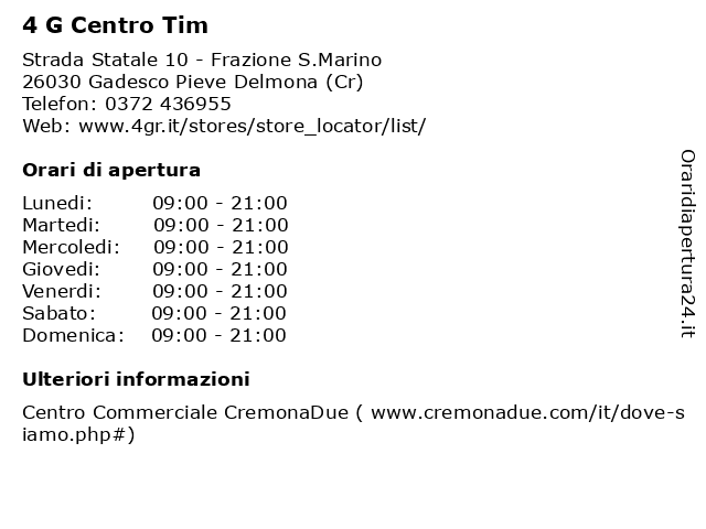 4 G Centro Tim a Gadesco Pieve Delmona (Cr): indirizzo e orari di apertura