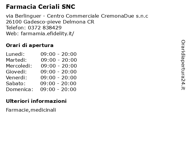 Farmacia Ceriali SNC a Gadesco-pieve Delmona CR: indirizzo e orari di apertura