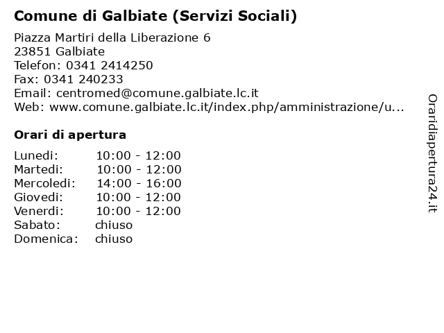 Comune di Galbiate (Servizi Sociali) a Galbiate: indirizzo e orari di apertura