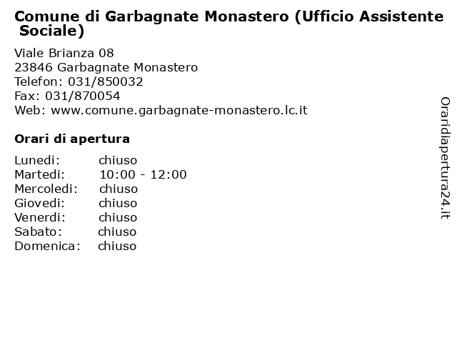 Comune di Garbagnate Monastero (Ufficio Assistente Sociale) a Garbagnate Monastero: indirizzo e orari di apertura
