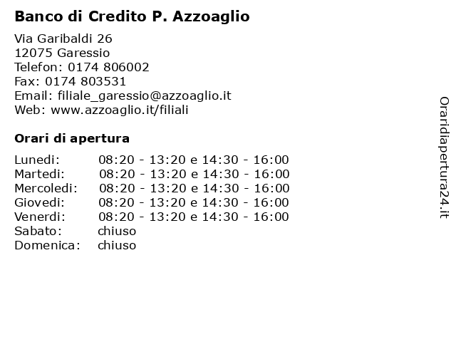 Banco di Credito P. Azzoaglio a Garessio: indirizzo e orari di apertura