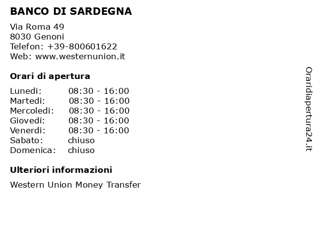 BANCO DI SARDEGNA a Genoni: indirizzo e orari di apertura