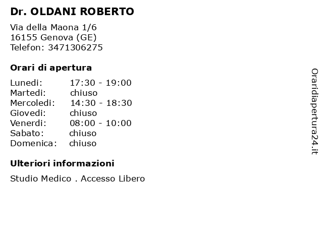 Dr. OLDANI ROBERTO a Genova (GE): indirizzo e orari di apertura