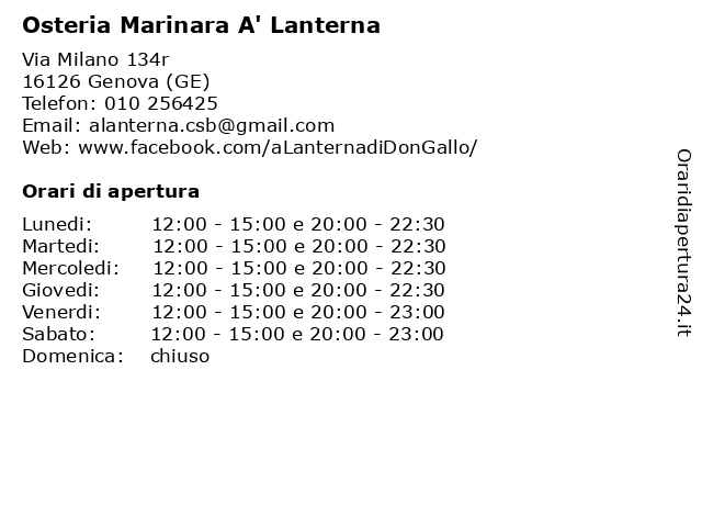 Osteria Marinara A' Lanterna a Genova (GE): indirizzo e orari di apertura