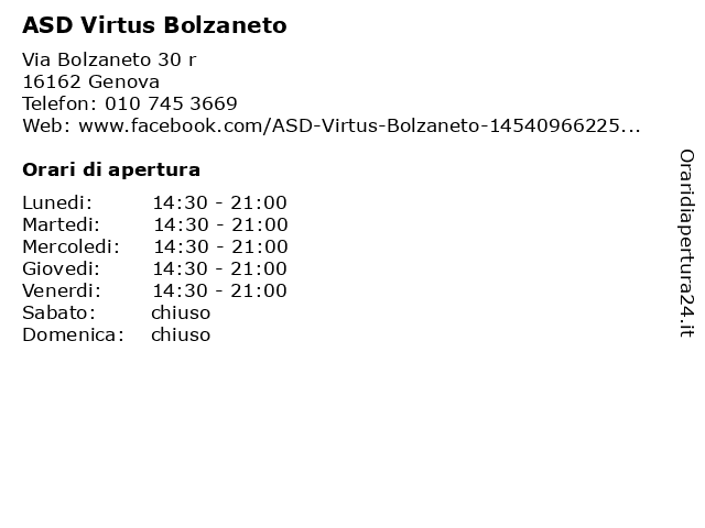ASD Virtus Bolzaneto a Genova: indirizzo e orari di apertura