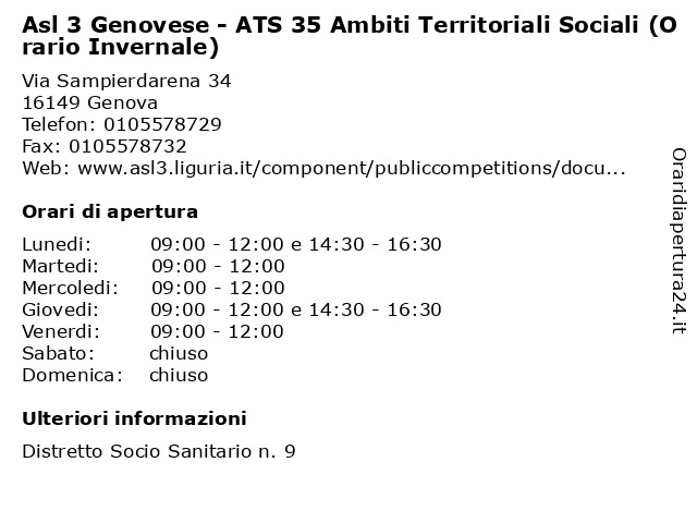 Asl 3 Genovese - ATS 35 Ambiti Territoriali Sociali (Orario Invernale) a Genova: indirizzo e orari di apertura