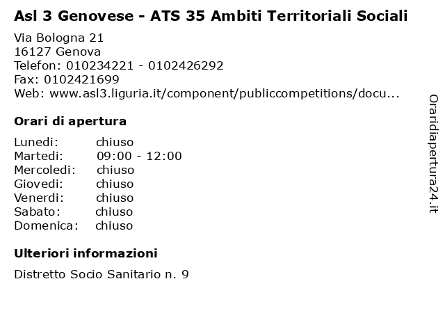 Asl 3 Genovese - ATS 35 Ambiti Territoriali Sociali a Genova: indirizzo e orari di apertura