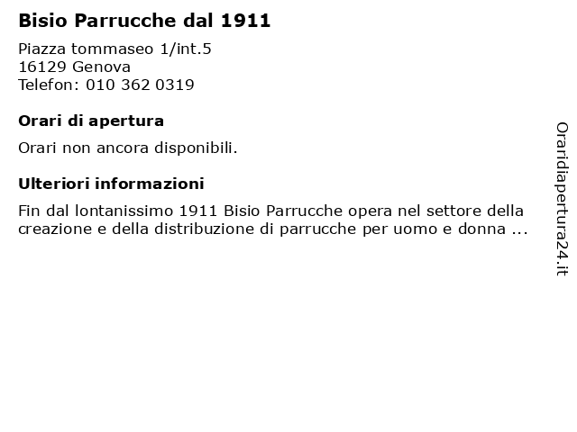 ᐅ Orari Bisio Parrucche dal 1911 | Piazza tommaseo 1/int.5, 16129 Genova