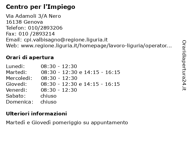 ᐅ Orari Centro Per L Impiego Via Adamoli 3 A Nero 16138 Genova