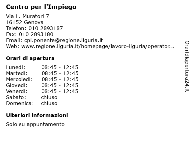 ᐅ Orari Centro Per L Impiego Via L Muratori 7 16152 Genova