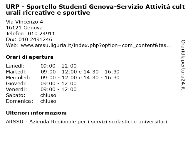 URP - Sportello Studenti Genova-Servizio Attività culturali ricreative e sportive a Genova: indirizzo e orari di apertura