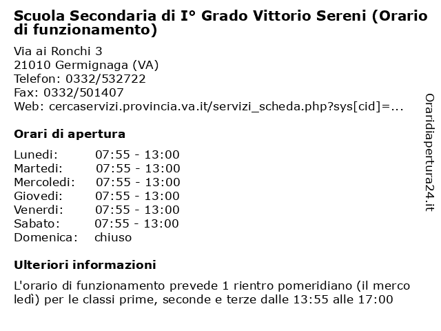 Scuola Secondaria di I° Grado Vittorio Sereni (Orario di funzionamento) a Germignaga (VA): indirizzo e orari di apertura