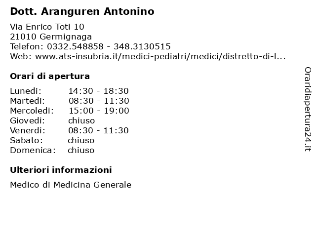 Dott. Aranguren Antonino a Germignaga: indirizzo e orari di apertura