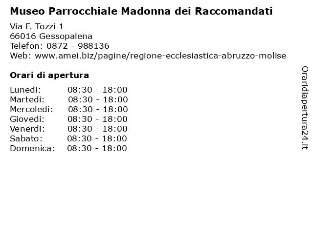 Museo Parrocchiale Madonna dei Raccomandati a Gessopalena: indirizzo e orari di apertura