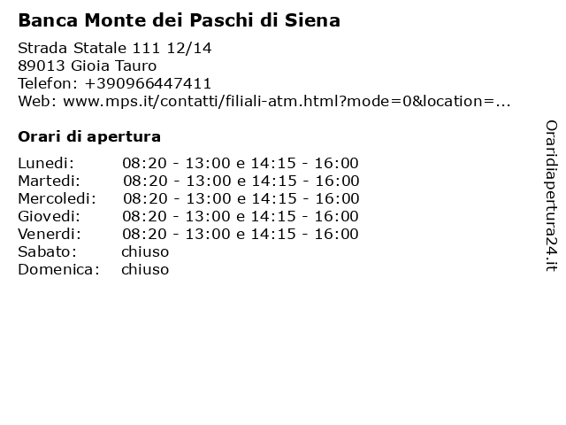 Banca Monte dei Paschi di Siena a Gioia Tauro: indirizzo e orari di apertura