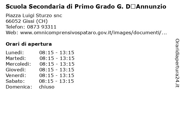 Scuola Secondaria di Primo Grado G. D’Annunzio a Gissi (CH): indirizzo e orari di apertura