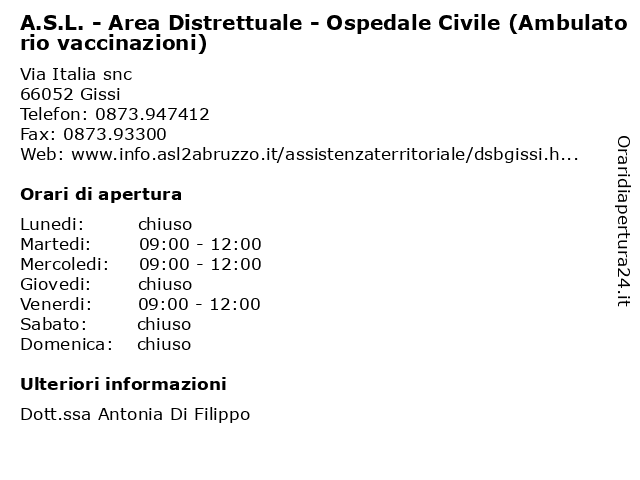 A.S.L. - Area Distrettuale - Ospedale Civile (Ambulatorio vaccinazioni) a Gissi: indirizzo e orari di apertura