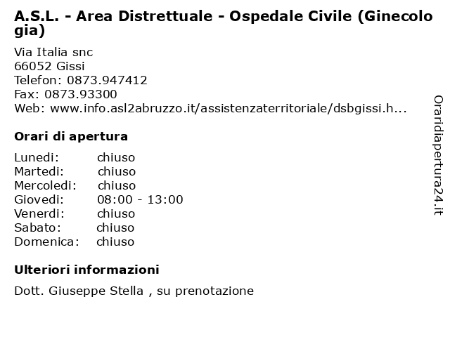 A.S.L. - Area Distrettuale - Ospedale Civile (Ginecologia) a Gissi: indirizzo e orari di apertura