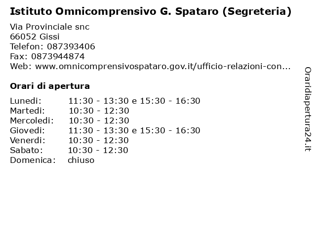 Istituto Omnicomprensivo G. Spataro (Segreteria) a Gissi: indirizzo e orari di apertura