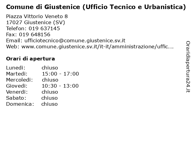 Comune di Giustenice (Ufficio Tecnico e Urbanistica) a Giustenice (SV): indirizzo e orari di apertura