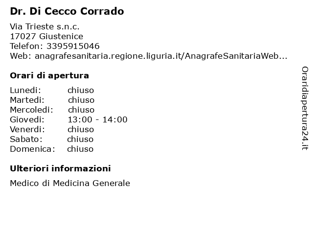 Dr. Di Cecco Corrado a Giustenice: indirizzo e orari di apertura