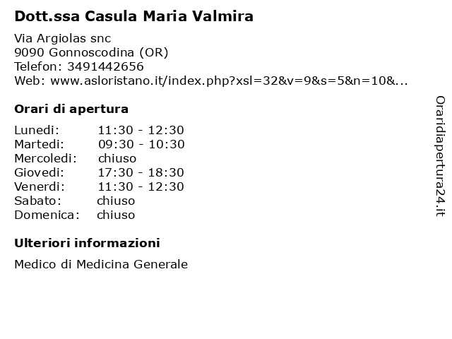 Dott.ssa Casula Maria Valmira a Gonnoscodina (OR): indirizzo e orari di apertura