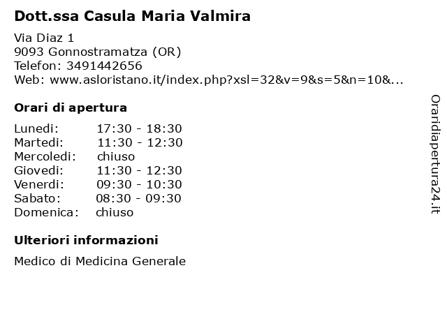 Dott.ssa Casula Maria Valmira a Gonnostramatza (OR): indirizzo e orari di apertura