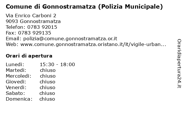 Comune di Gonnostramatza (Polizia Municipale) a Gonnostramatza OR: indirizzo e orari di apertura