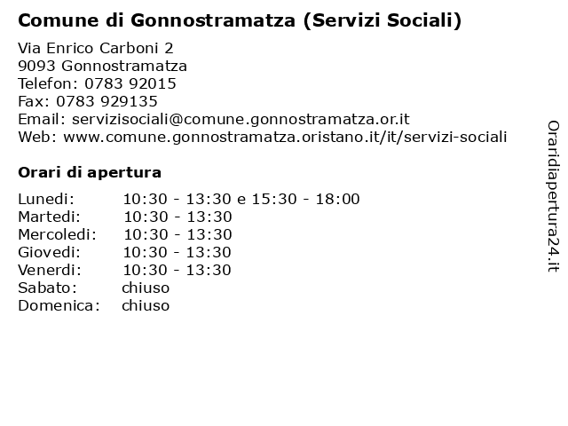 Comune di Gonnostramatza (Servizi Sociali) a Gonnostramatza OR: indirizzo e orari di apertura