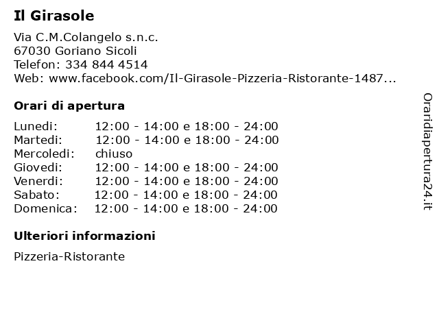 Il Girasole a Goriano Sicoli: indirizzo e orari di apertura