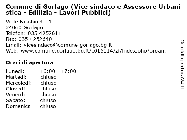 Comune di Gorlago (Vice sindaco e Assessore Urbanistica - Edilizia - Lavori Pubblici) a Gorlago: indirizzo e orari di apertura