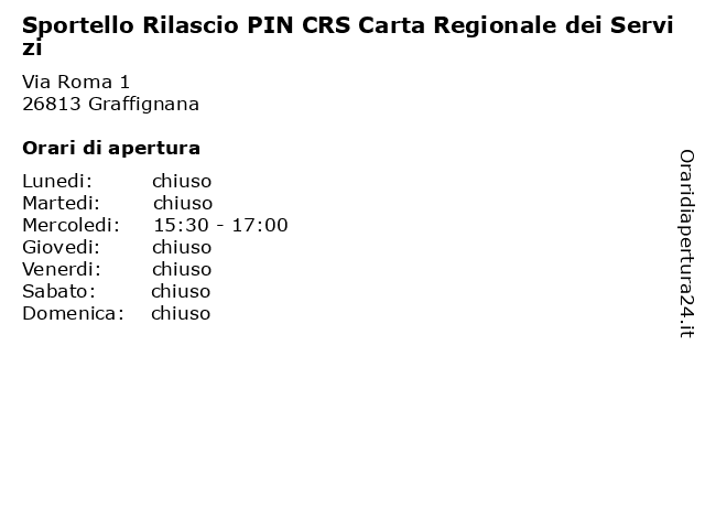 Sportello Rilascio PIN CRS Carta Regionale dei Servizi a Graffignana: indirizzo e orari di apertura