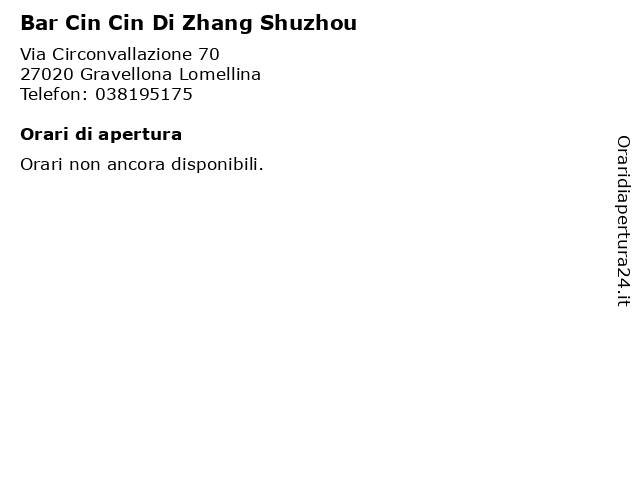 Bar Cin Cin Di Zhang Shuzhou a Gravellona Lomellina: indirizzo e orari di apertura