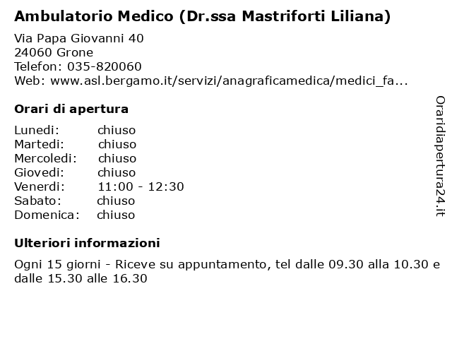 Ambulatorio Medico (Dr.ssa Mastriforti Liliana) a Grone: indirizzo e orari di apertura