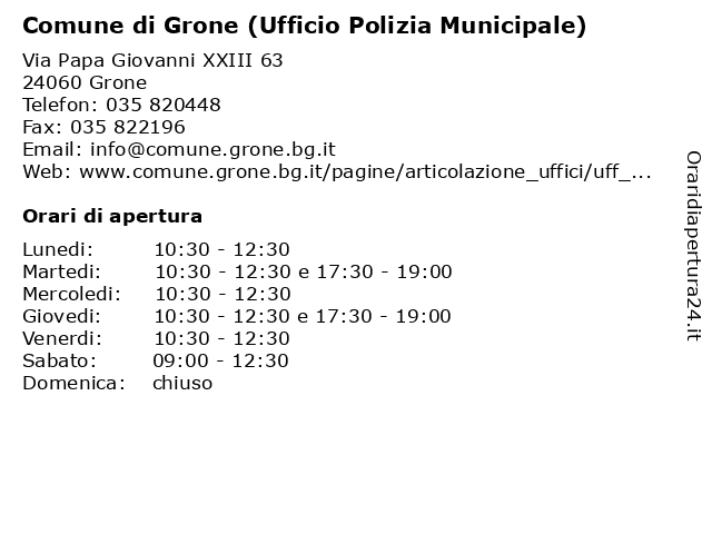 Comune di Grone (Ufficio Polizia Municipale) a Grone: indirizzo e orari di apertura