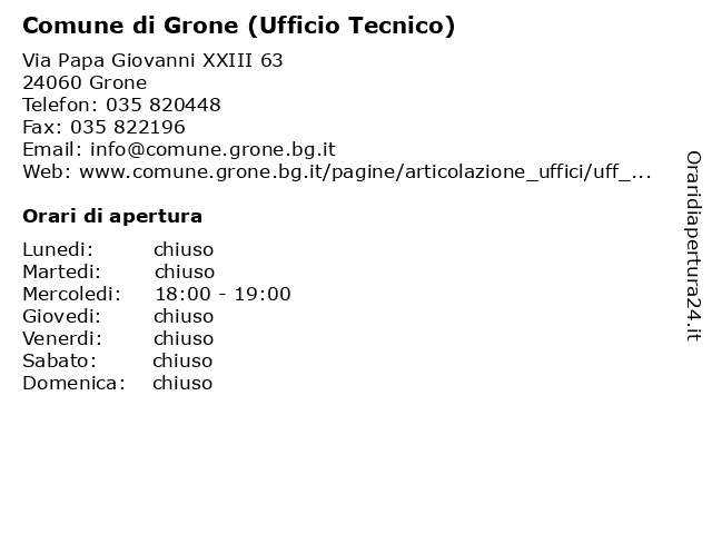 Comune di Grone (Ufficio Tecnico) a Grone: indirizzo e orari di apertura