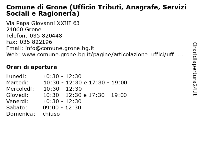 Comune di Grone (Ufficio Tributi, Anagrafe, Servizi Sociali e Ragioneria) a Grone: indirizzo e orari di apertura