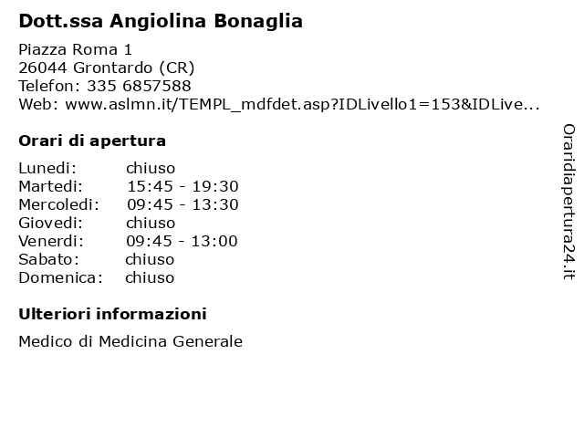 Dott.ssa Angiolina Bonaglia a Grontardo (CR): indirizzo e orari di apertura