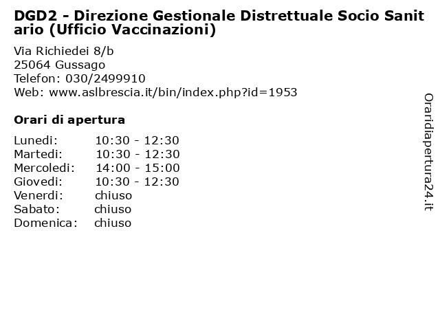DGD2 - Direzione Gestionale Distrettuale Socio Sanitario (Ufficio Vaccinazioni) a Gussago: indirizzo e orari di apertura