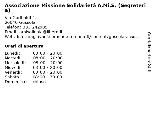 Associazione Missione Solidarietà A.Mi.S. (Segreteria) a Gussola: indirizzo e orari di apertura