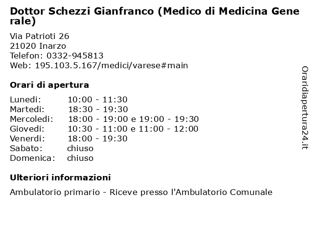Dottor Schezzi Gianfranco (Medico di Medicina Generale) a Inarzo: indirizzo e orari di apertura