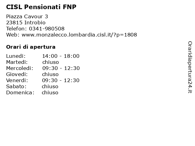 CISL Pensionati FNP a Introbio: indirizzo e orari di apertura