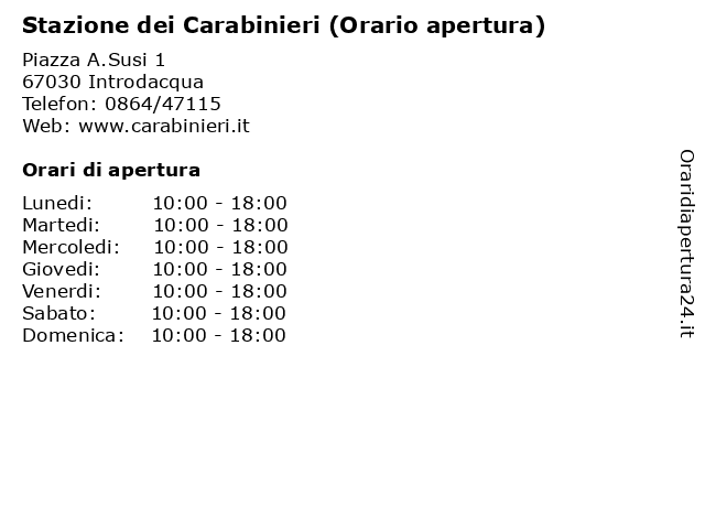 Stazione dei Carabinieri (Orario apertura) a Introdacqua: indirizzo e orari di apertura