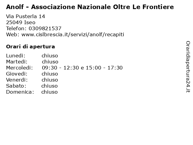 Anolf - Associazione Nazionale Oltre Le Frontiere a Iseo: indirizzo e orari di apertura