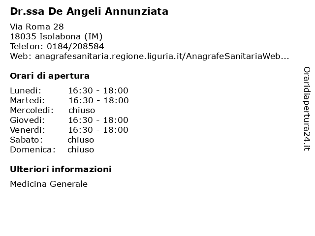 Dr.ssa De Angeli Annunziata a Isolabona (IM): indirizzo e orari di apertura