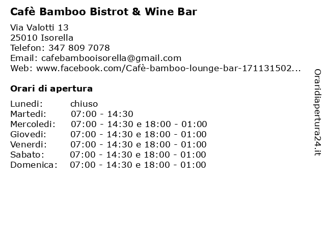 Cafè Bamboo Bistrot & Wine Bar a Isorella: indirizzo e orari di apertura
