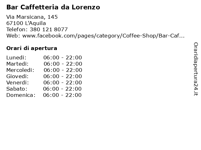 Bar Caffetteria da Lorenzo a L'Aquila: indirizzo e orari di apertura