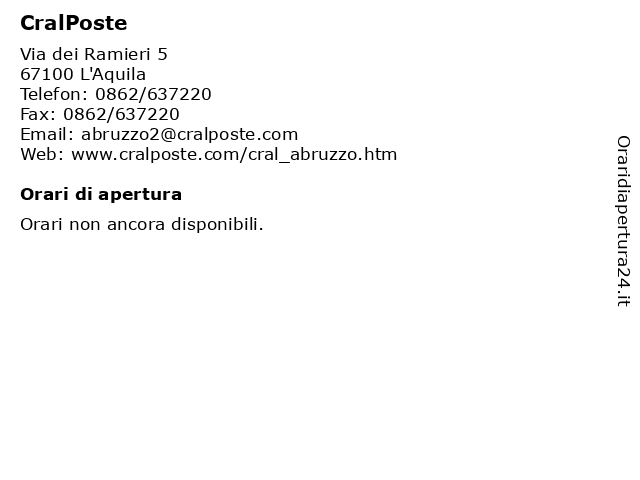 CralPoste a L'Aquila: indirizzo e orari di apertura