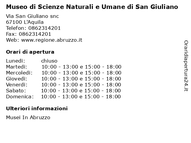 Museo di Scienze Naturali e Umane di San Giuliano a L'Aquila: indirizzo e orari di apertura